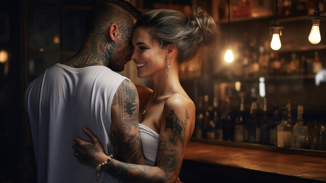 Portrait of a tattooed couple in a pub.