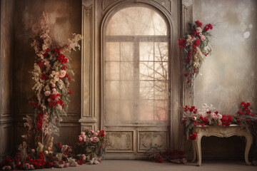 Fototapeta na wymiar Dreamy christmas scene with cozy romantic room with window and fireplace and flower decoration. generative Ai