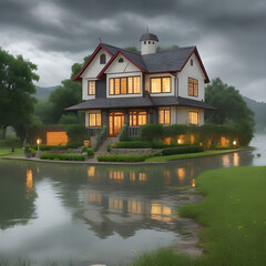 Fototapeta na wymiar A very beautiful house in nature view with a romantic weather