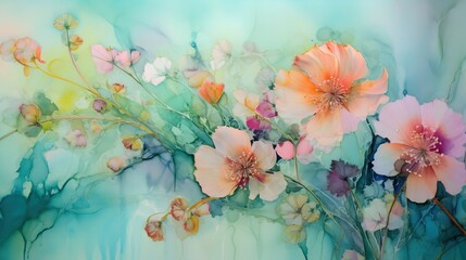  a painting of pink flowers on a blue background with green leaves.  generative ai