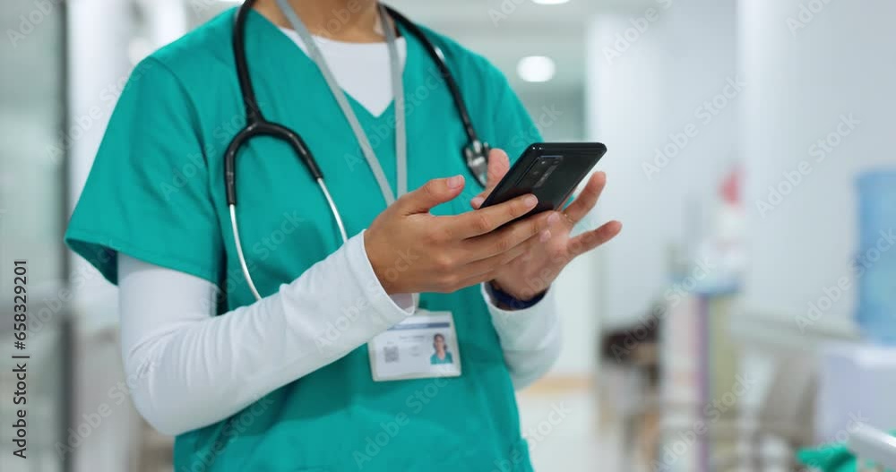 Poster hands, phone and communication with a nurse scrolling in a hospital closeup for research or networki