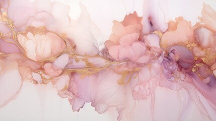  an abstract painting of pink and gold flowers on a white background.  generative ai