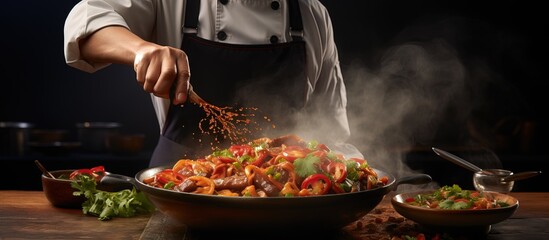 Chef stirs beef in a wok