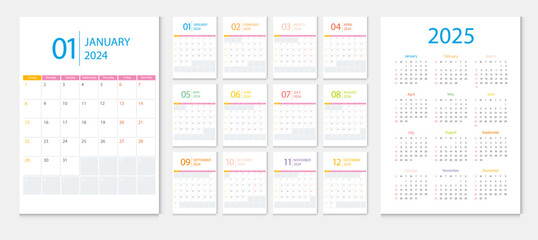 Calendar 2024, calendar 2025 week start Monday corporate design template vector.