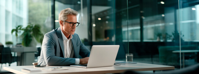 Businessman using laptop computer in office space, happy middle aged man boss, entrepreneur, business owner working online on big workplace