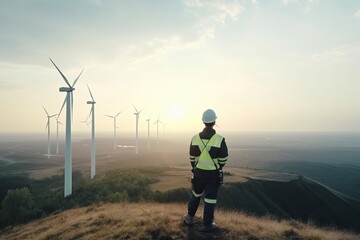 Young maintenance engineer working in wind turbine farm at sunset
