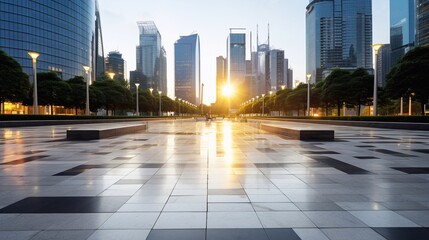 A photo of Empty square with modern cityscape in shanghai,China. Generative AI - obrazy, fototapety, plakaty