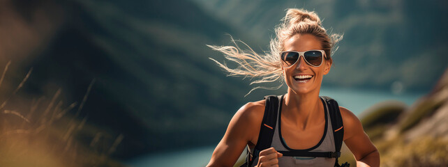 Happy scandinavian single female trail runner, against sky at sun while running in mountains of steep trail, wearing sunglasses and backpack - obrazy, fototapety, plakaty