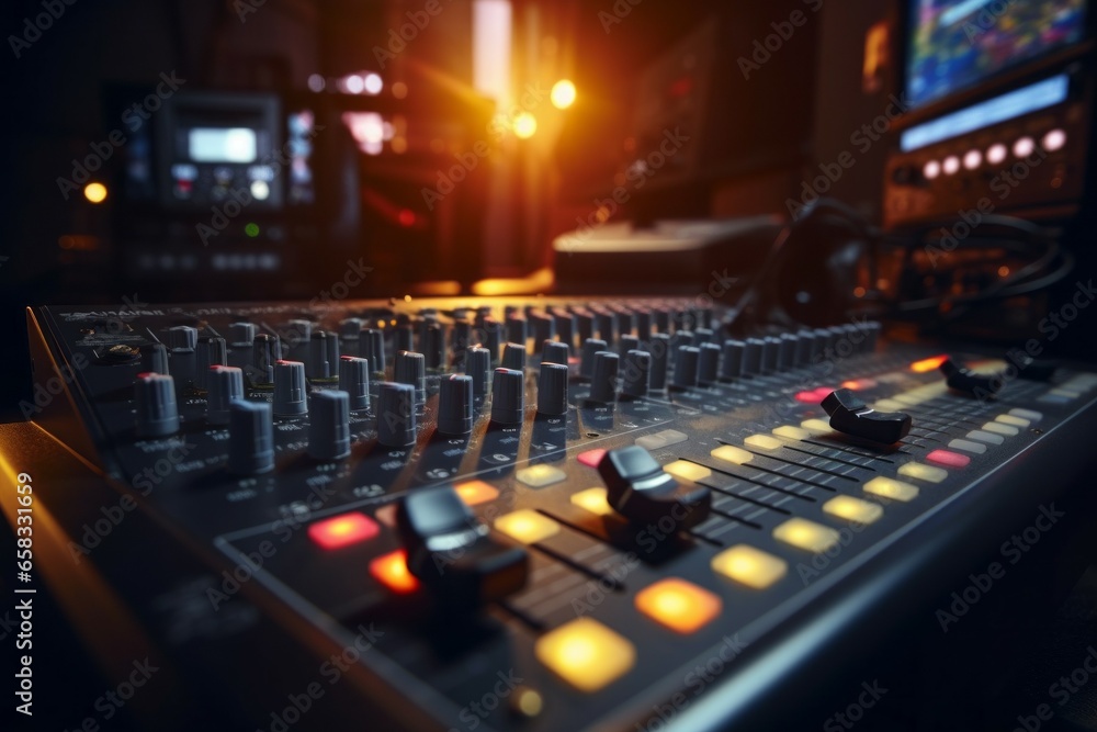 Poster equipment in a recording studio. background with selective focus and copy space