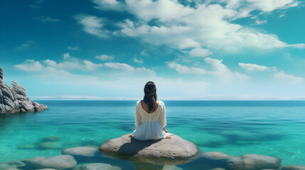 Fototapeta premium A girl meditates on the shore of the turquoise ocean