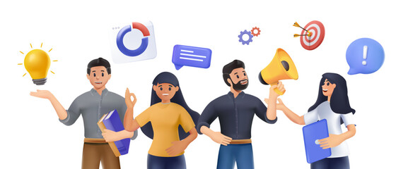 3D business team members are standing with confident faces. Business icons are floating above their heads. 3D vector