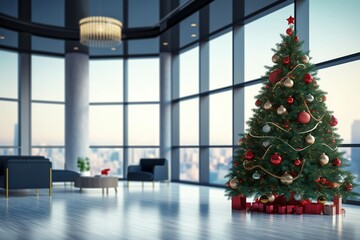 Wide and inviting office lobby with floor-to-ceiling windows that frame a charming Christmas tree,...