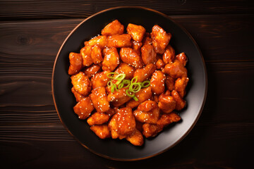 Delicious Chinese orange chicken on the plate, top view