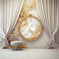 digital abstract background featuring luxurious drapery with floral hangings and a curved mirror
