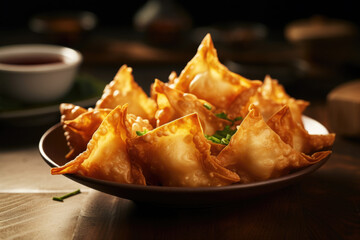 Chinese finger food, fried wontons on the plate close up