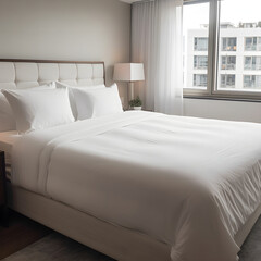 hotel bedroom with bed and white walls and city view