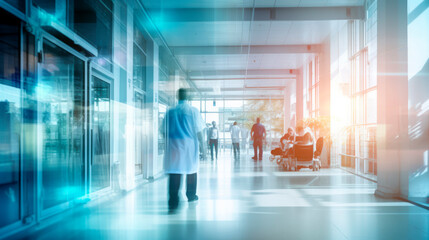 Abstract and defocused background of medical and hospital hall with modern laboratory nearby, patients and doctors walking along corridor