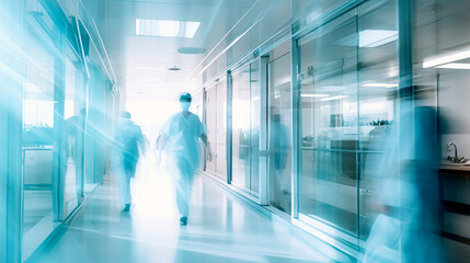 Blurred, abstract, and defocused technology space background medical and hospital corridor ambiance, with working doctors and nurses - obrazy, fototapety, plakaty