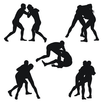 Set of silhouettes people fighting, MMA fighters. Greco Roman wrestling, fight, combating; struggle; grappling; duel, mixed martial art, sportsmanship