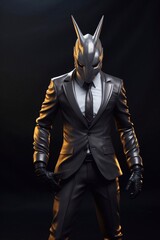 Futuristic man in a suit and mask on a black background Generative AI