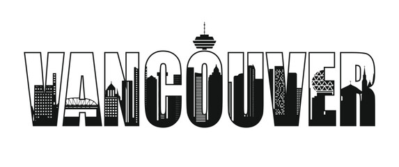 Obraz premium Canadian City Vancouver Skyline in Text Outline Silhouette Black and White Illustration