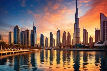 Dubai Marina at sunset in Dubai, UAE. Dubai was the fastest developing city in the world between...