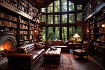 Interior of a library with a bookcase and a leather sofa, beautiful home library, AI Generated - obrazy, fototapety, plakaty
