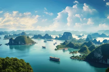 Zelfklevend Fotobehang Beautiful panoramic view of Ha Long bay, Vietnam. Beautiful landscape Halong Bay view from adove the Bo Hon Island, AI Generated © Iftikhar alam