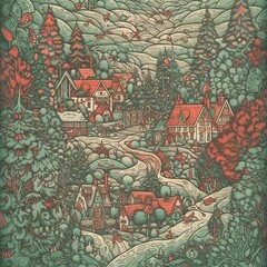 christmas scene red and green village snowed landscape