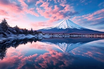 Mt Fuji at  Kawaguchiko lake in Japan. Beautiful scenic landscape of mountain Fuji or Fujisan with...