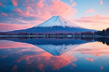 Mt Fuji at Lake Kawaguchiko in Japan at sunset. Beautiful scenic landscape of mountain Fuji or...