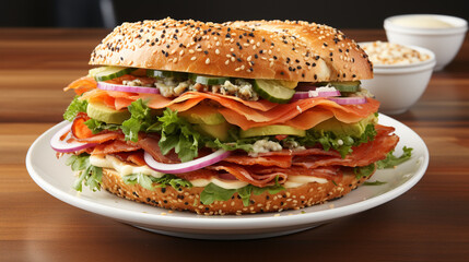 A bagel sandwich stacked with layers of delimeats UHD wallpaper Stock Photographic Image
