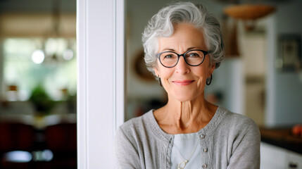 Confident mature woman with stylish attire and trendy glasses stands at home, radiating elegance and warmth, warm smile reflecting inner beauty