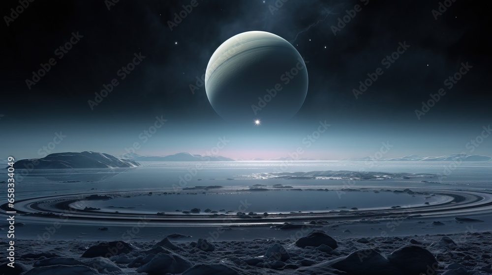 Poster an artist's rendering of a planet in the distance. generative ai