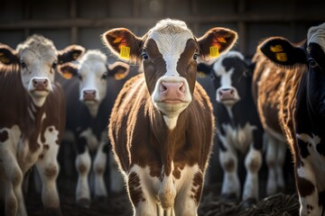 Portrait of a cute brown calf cow puppy in the middle of the herd. - obrazy, fototapety, plakaty
