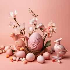 easter still life with eggs and flowers