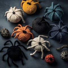 knitted spiders orange, white, black, blue on black background