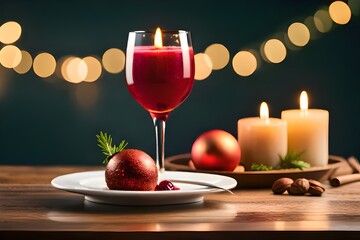 A glass of red wine on a wooden table with a cityscape in the background | Christmas still life with candle