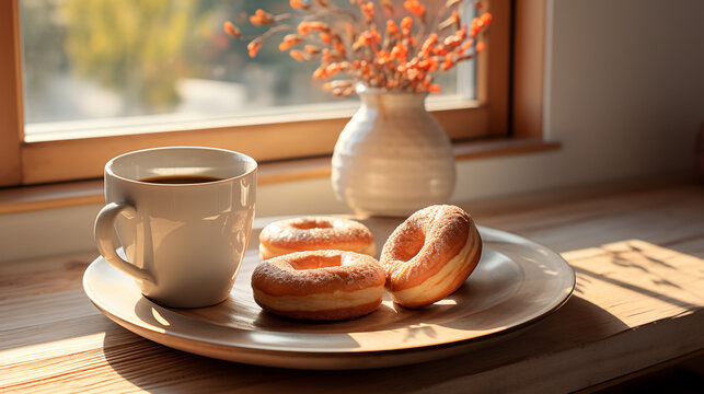 A bagel and coffee scene with a freshly brewed cup of tea UHD wallpaper Stock Photographic Image