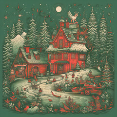 christmas scene with a house in a snowed landscape