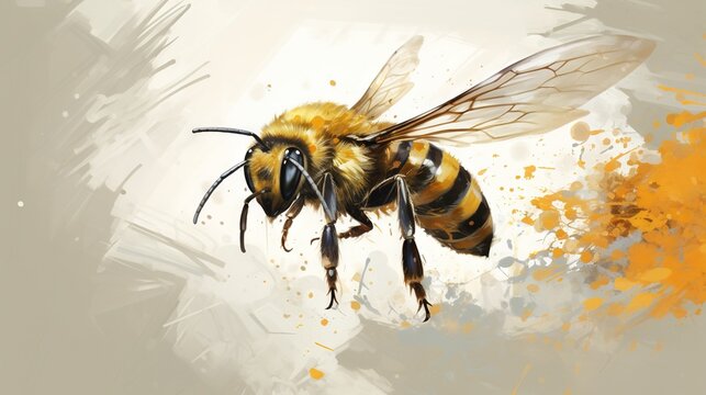  a painting of a bee flying in the air with yellow spots around it.  generative ai