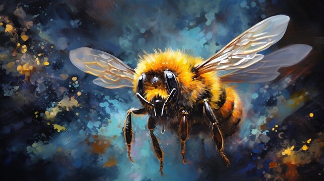  a painting of a bee with yellow and black wings on a blue background.  generative ai