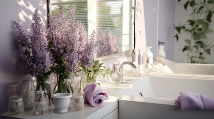 Lilac flowers in the bathroom. Bathroom interior with sink and mirror. Bathroom in lavender color.
