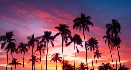 palm trees silhouette at tropical sunset