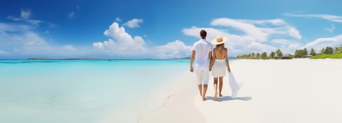 couple walking on white sand beach - obrazy, fototapety, plakaty