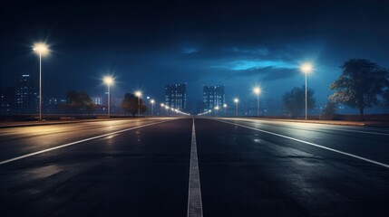 wide road with street lights at night - obrazy, fototapety, plakaty