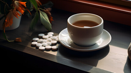 Cup of tea and tablets for treating colds