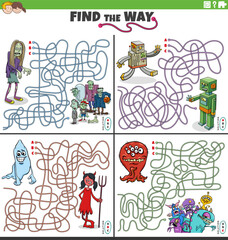 maze activities set with cartoon fantasy characters