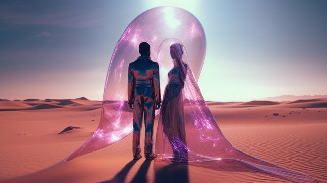 A cyber girl and a young man in an alien suit in the desert in the future. Virtual reality is becoming reality, and artificial intelligence is ruling humanity.