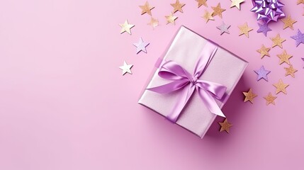  a gift box with a purple ribbon and stars around it.  generative ai